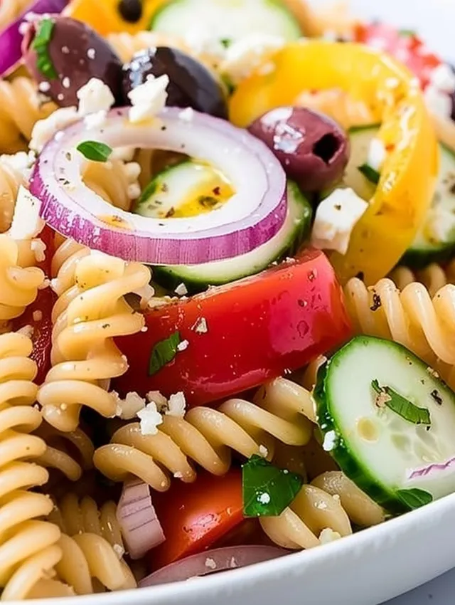 A bowl of pasta salad with tomatoes, cucumbers, onions, and olives.