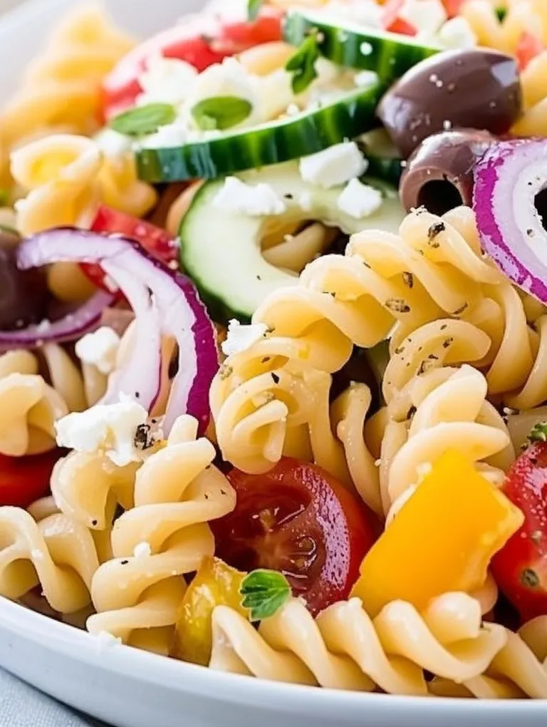 A bowl of pasta salad with vegetables.