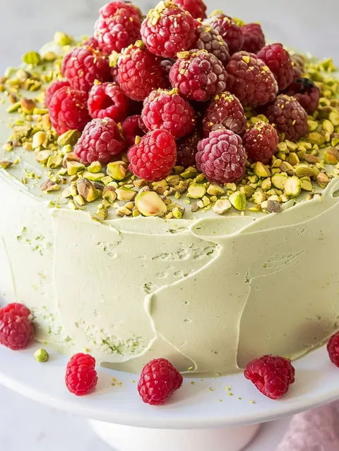 A slice of raspberry pistachio cake.