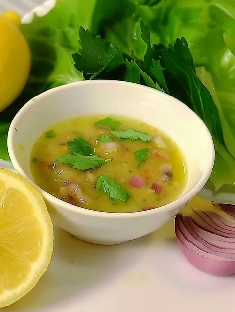 A bowl of lemon vinaigrette with a lemon on the side.