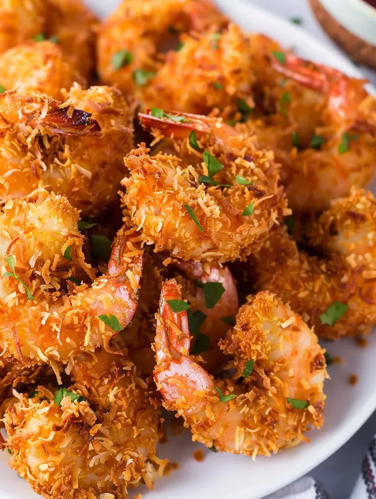 A plate of shrimp with a green garnish.