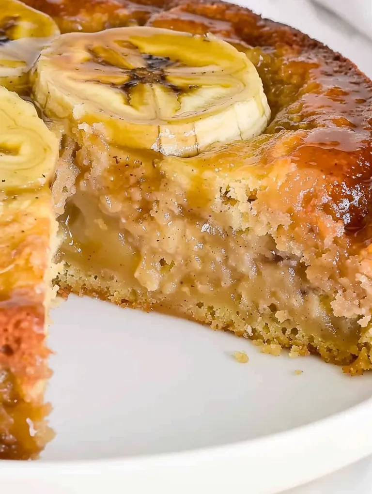 A slice of banana upside down cake.