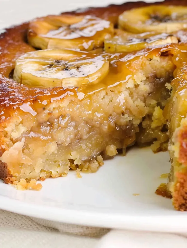 A slice of banana upside down cake.