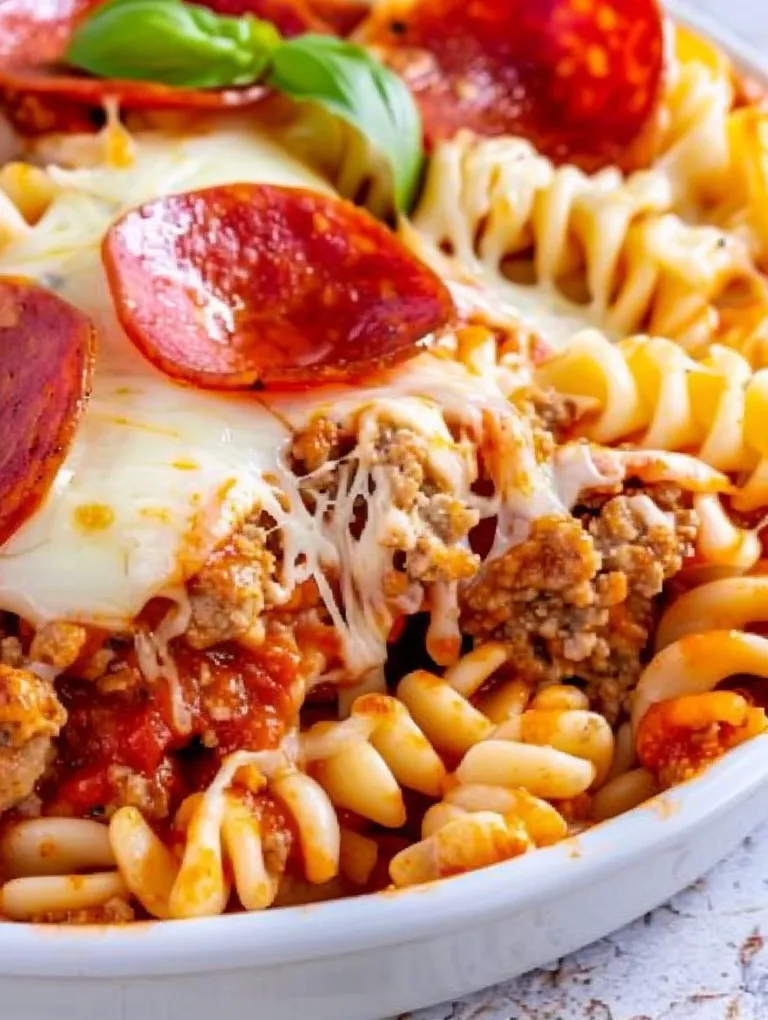 A plate of pasta with pepperoni and cheese on top.