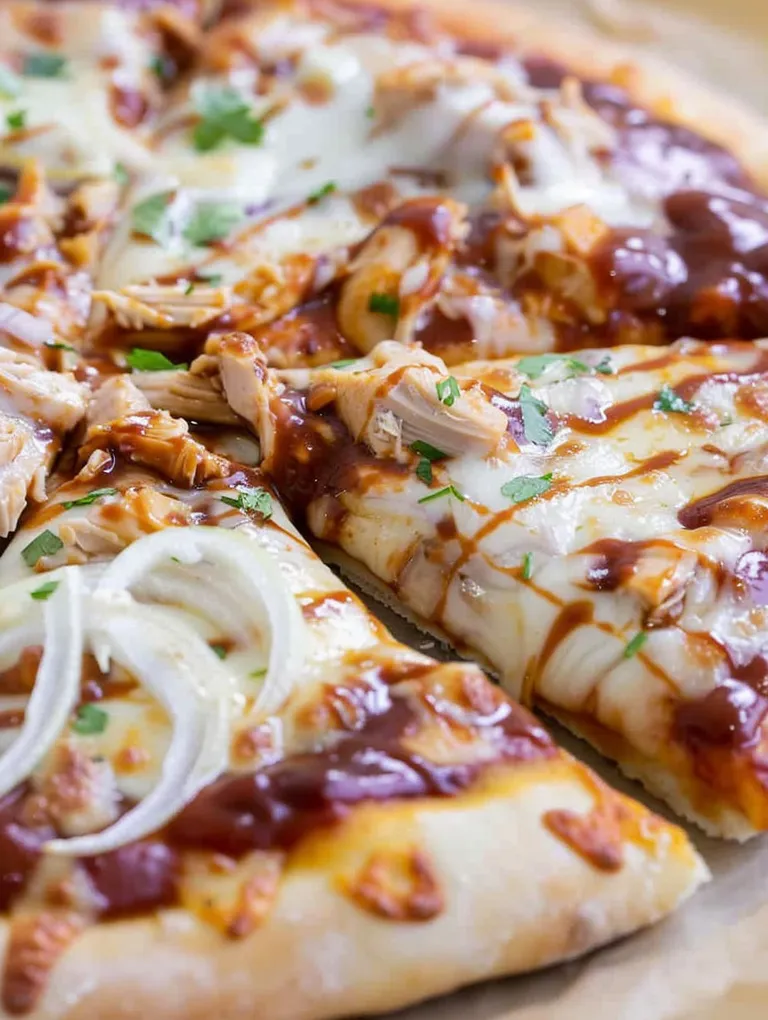 A BBQ chicken pizza with onions and sauce.