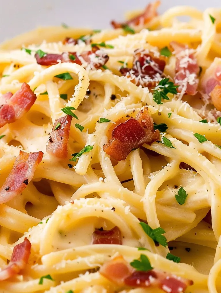 A plate of pasta with bacon and cheese.