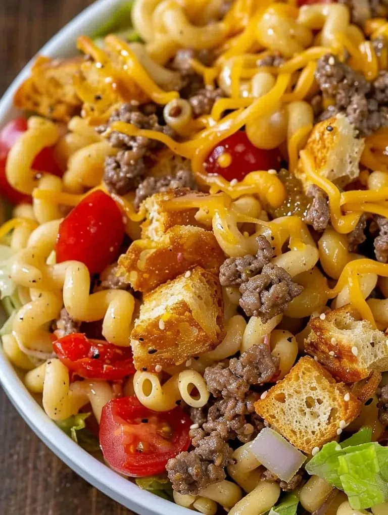 A bowl of pasta salad with meat and cheese.
