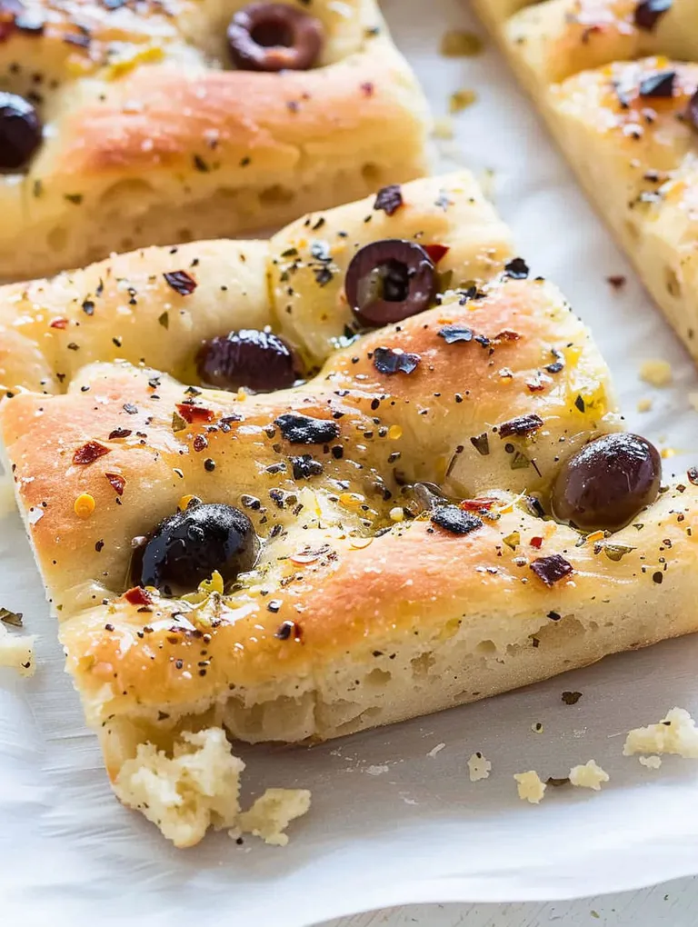 A slice of olive focaccia.