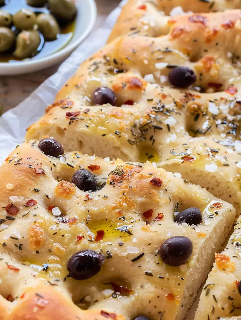 A loaf of bread with olives on top.
