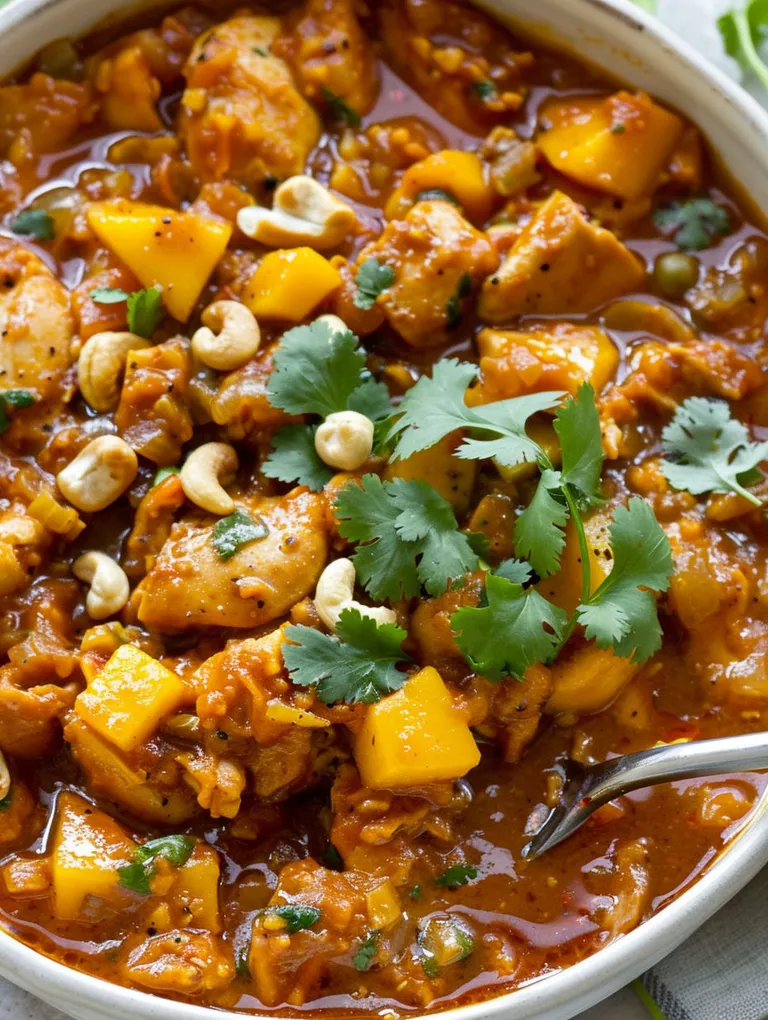 A bowl of mango chicken with a spoon.