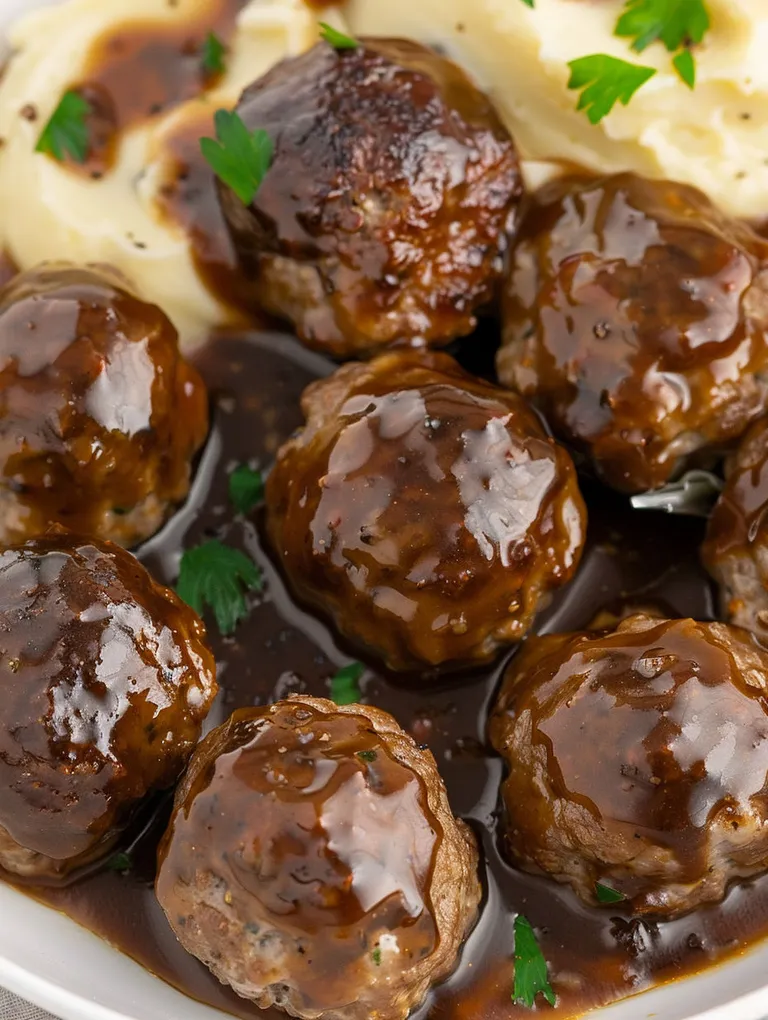 A plate of meatballs covered in gravy.