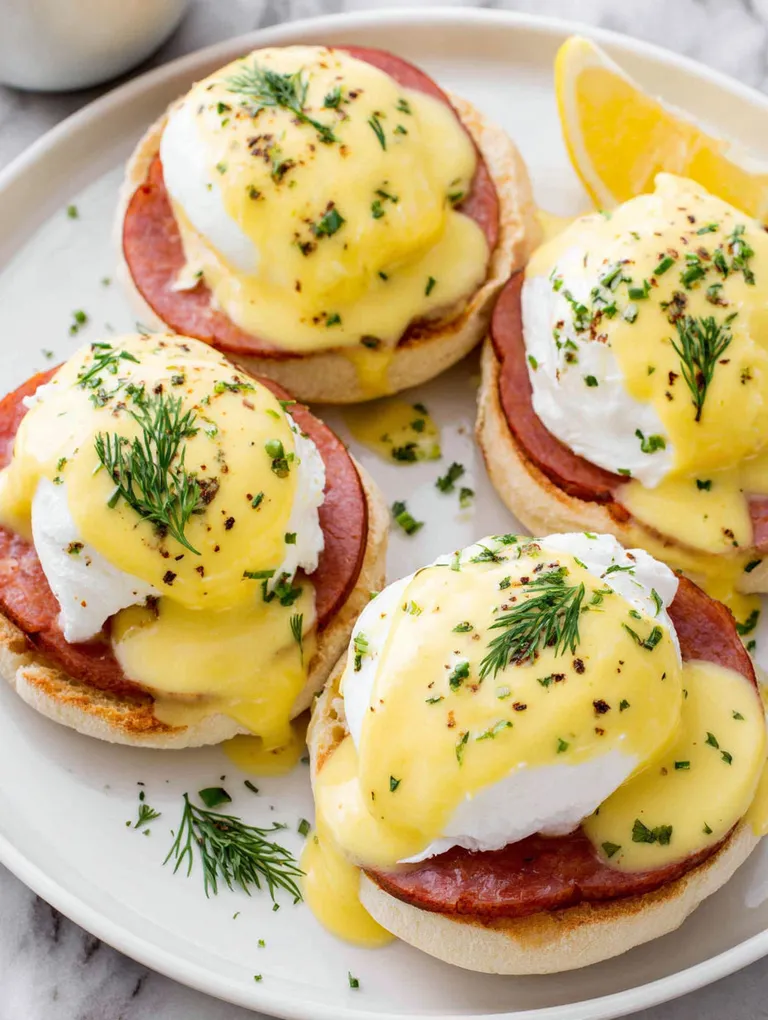 Four eggs benedict on a plate.