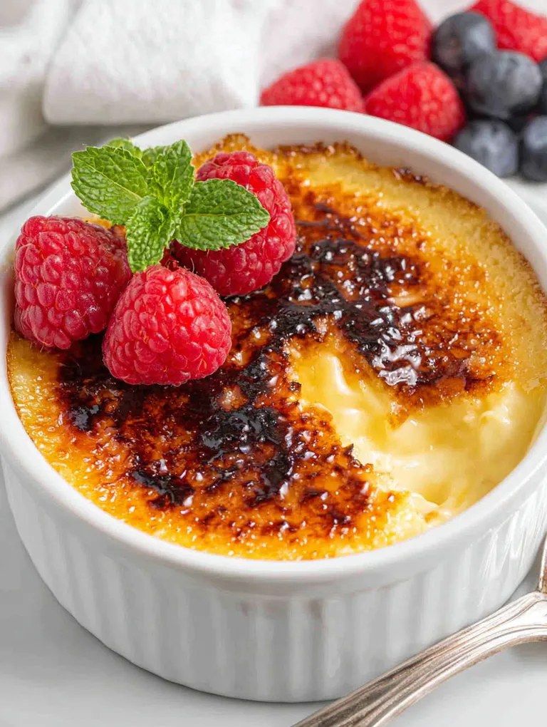A bowl of creme brulee with raspberries on top.