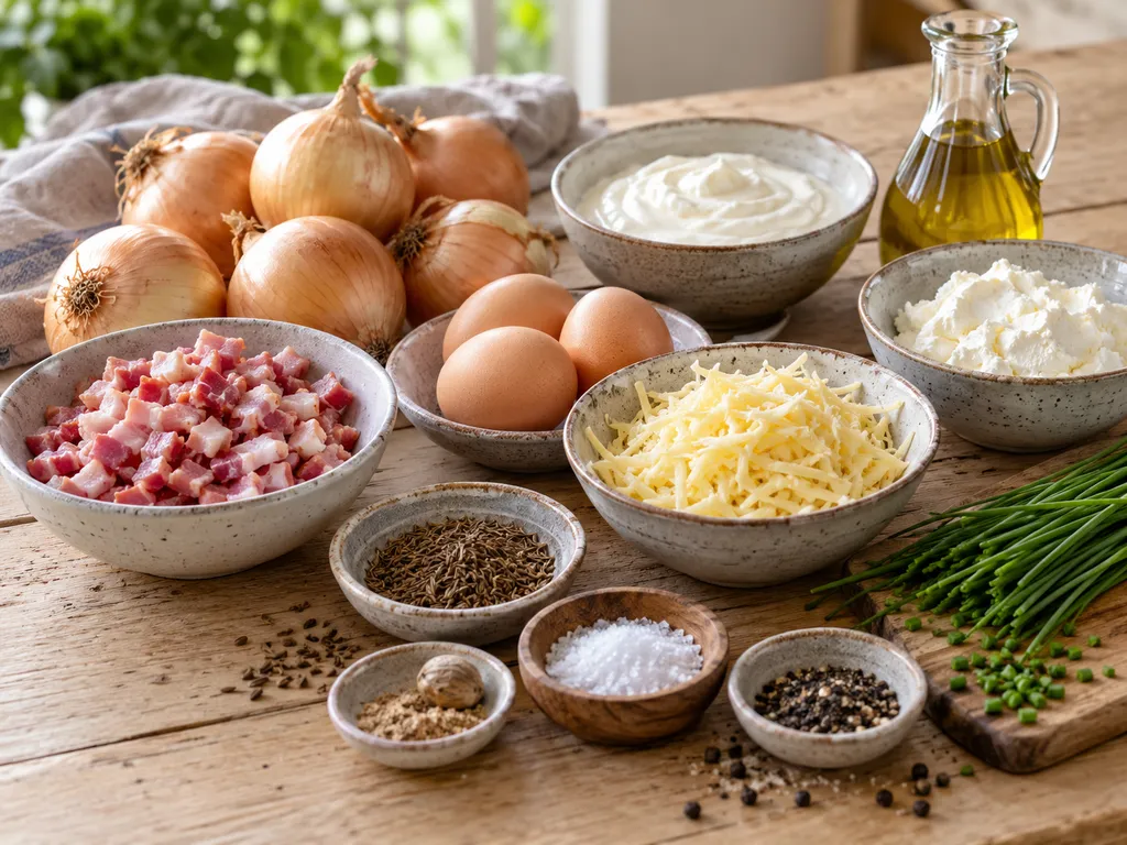 Zutaten für bodenlosen Zwiebelkuchen mit Zwiebeln, Eiern und Käse