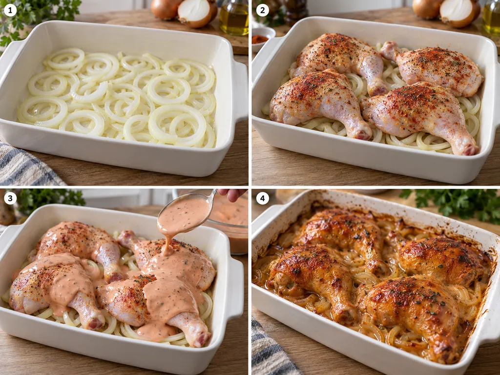 Vier Schritte für Chicken Charleston vom Schichten bis zum gebackenen Hähnchen