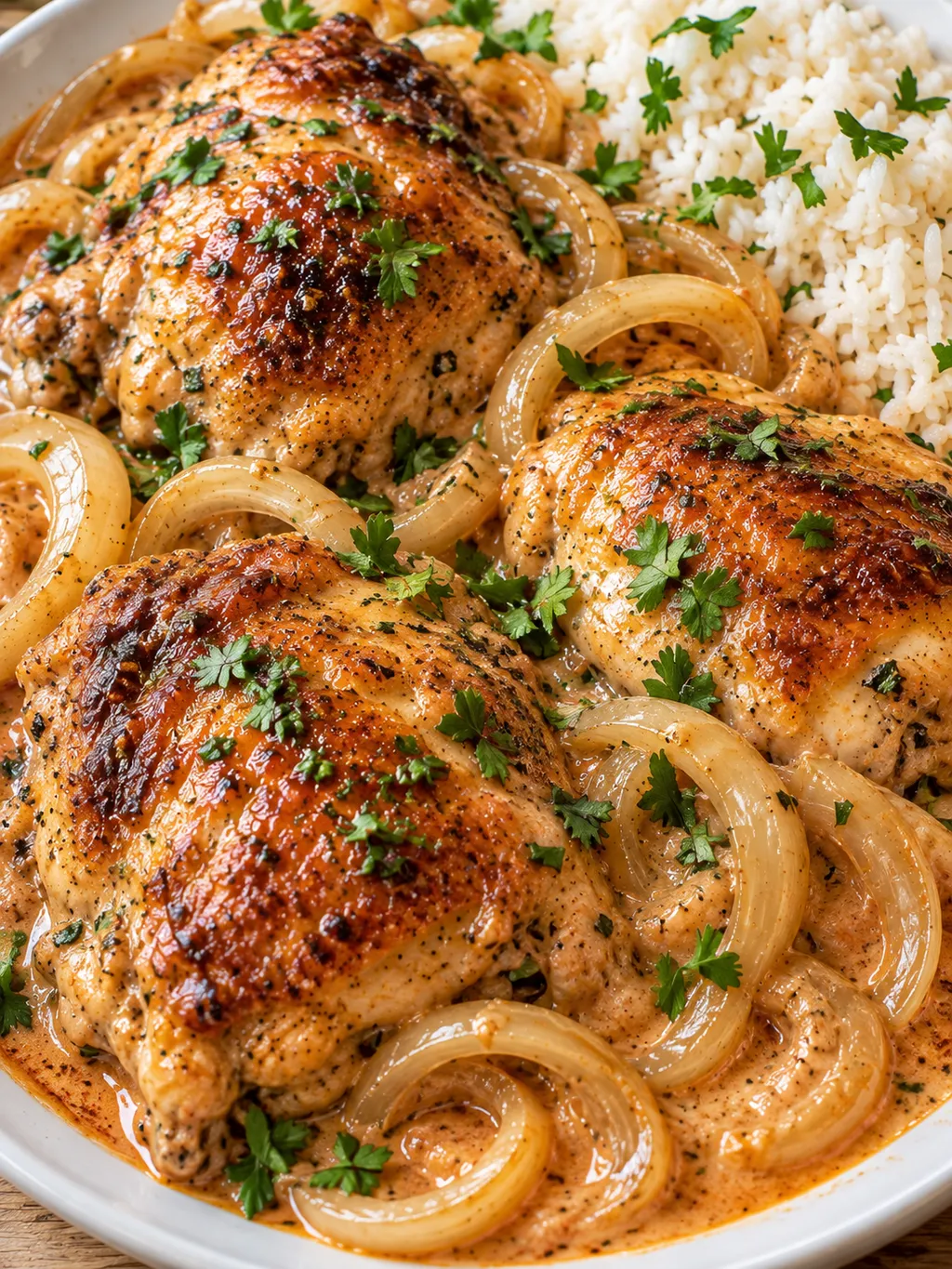 Chicken Charleston mit glänzender Sauce, Zwiebeln und Reis