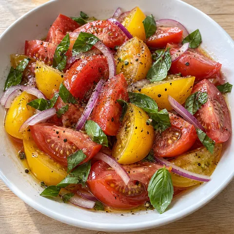 Tomatensalat mit roter Zwiebel, Pfeffer und Basilikum in heller Schale