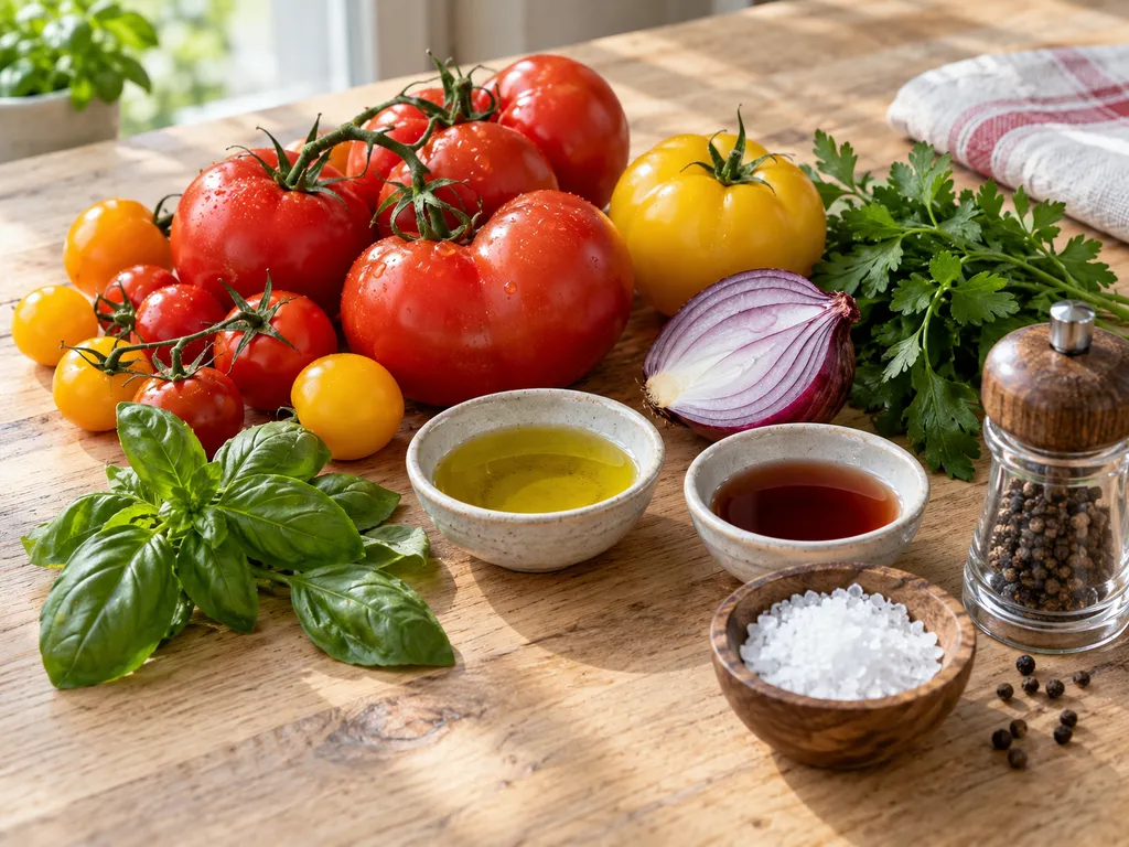 Zutaten für Tomatensalat mit Tomaten, Zwiebel, Öl, Essig und Kräutern