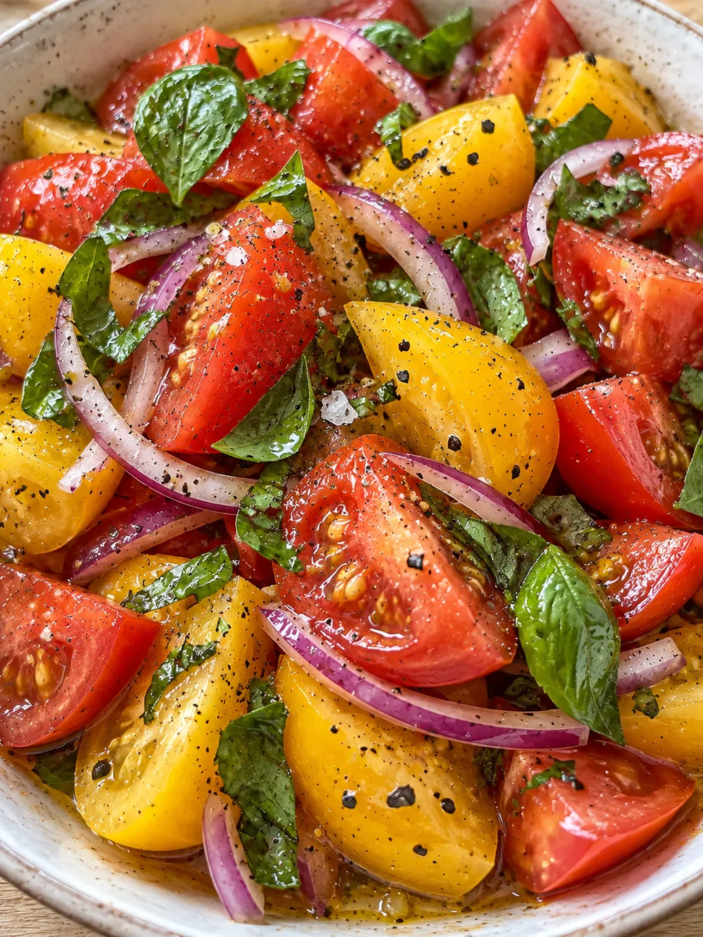 Saftiger Tomatensalat mit Pfeffer, roter Zwiebel und Basilikum