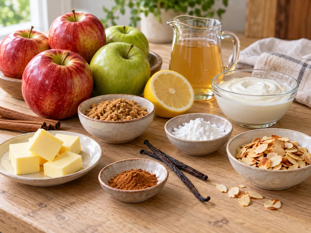 Zutaten für Apfel-Dessert mit Äpfeln, Zimt, Butter und Zitrone