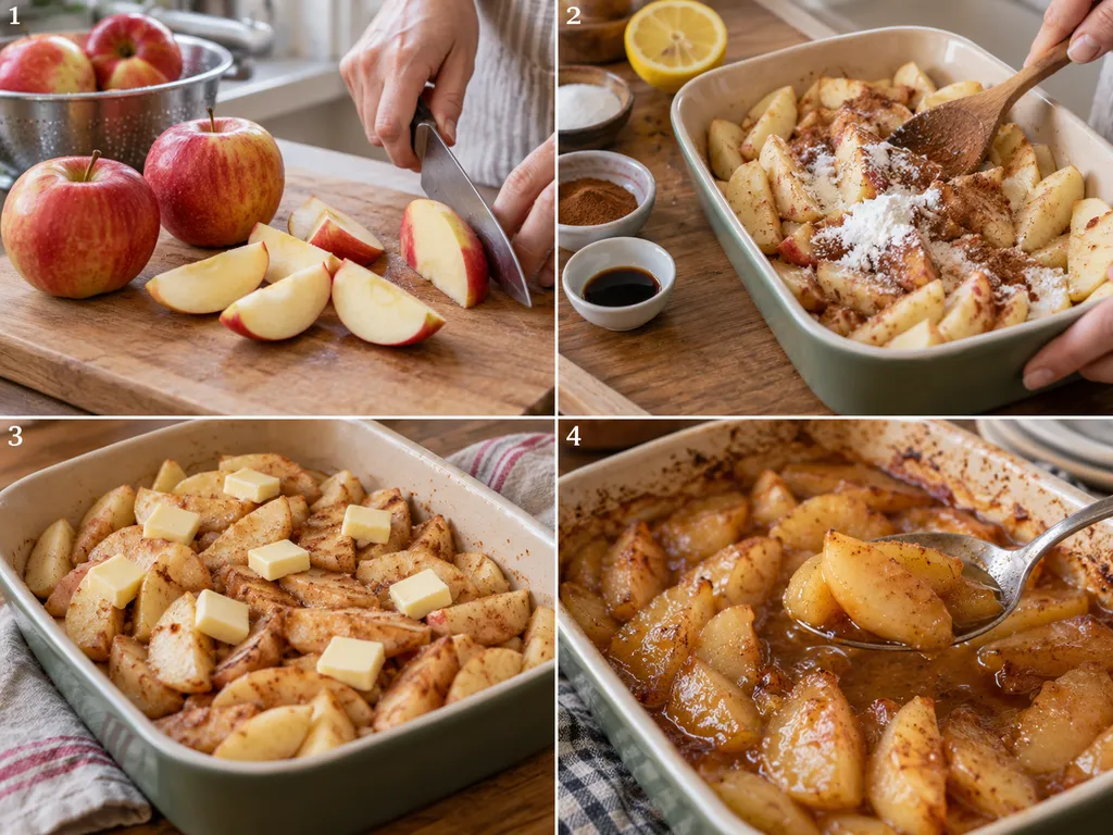 Vier Schritte für gebackenes Apfel-Dessert mit Zimt und Butter