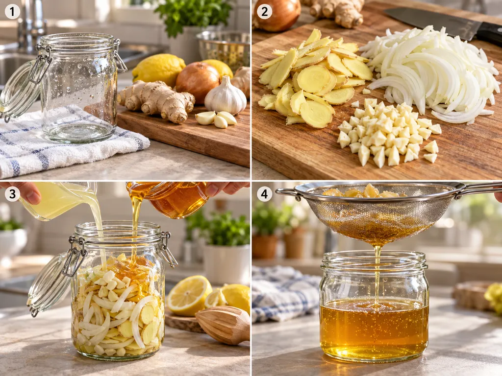 Vier Schritte für Ingwer-Zwiebel-Sirup vom Schneiden bis zum Abseihen
