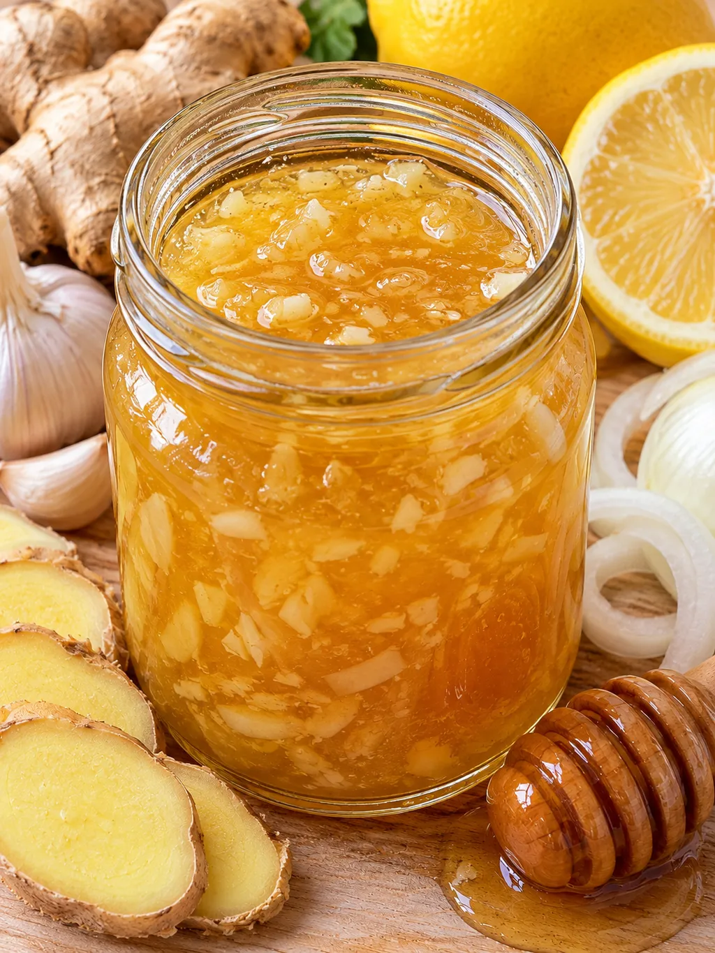 Goldener Ingwer-Zwiebel-Sirup im Glas mit Zitrone und Honiglöffel