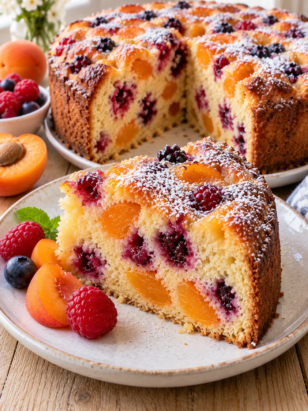 Saftiges Stück Joghurtkuchen mit Beeren und Aprikosen