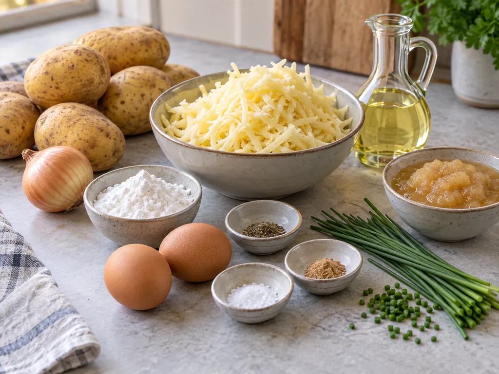 Zutaten fuer Kartoffelpuffer mit Kartoffeln, Eiern und Apfelmus