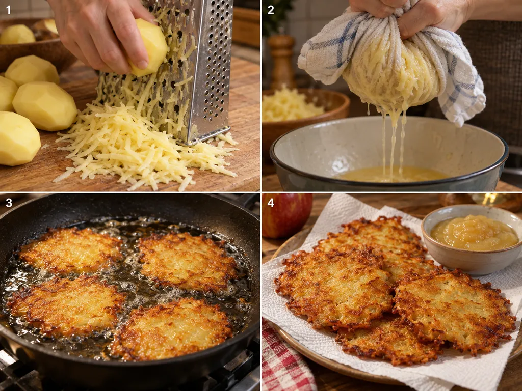 Vier Schritte vom Reiben bis zum Braten der Kartoffelpuffer