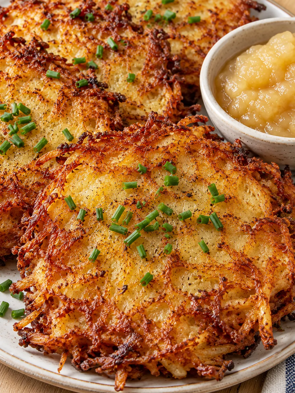 Goldbraune Kartoffelpuffer mit Apfelmus in engem Hochformat