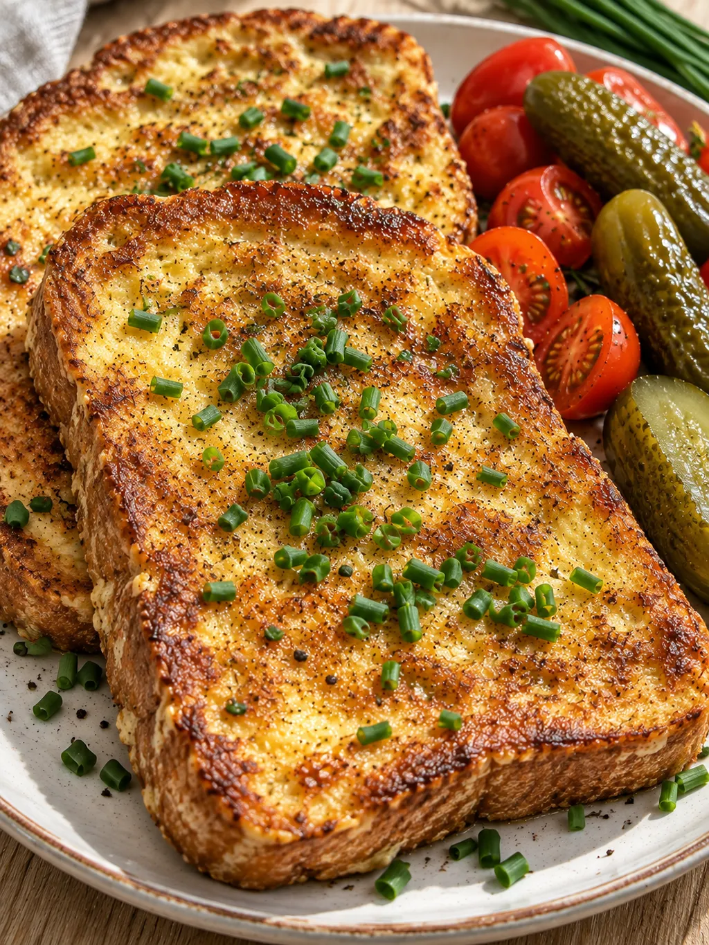 Eierbrot mit knusprigen Rändern, Schnittlauch und Gewürzgurken