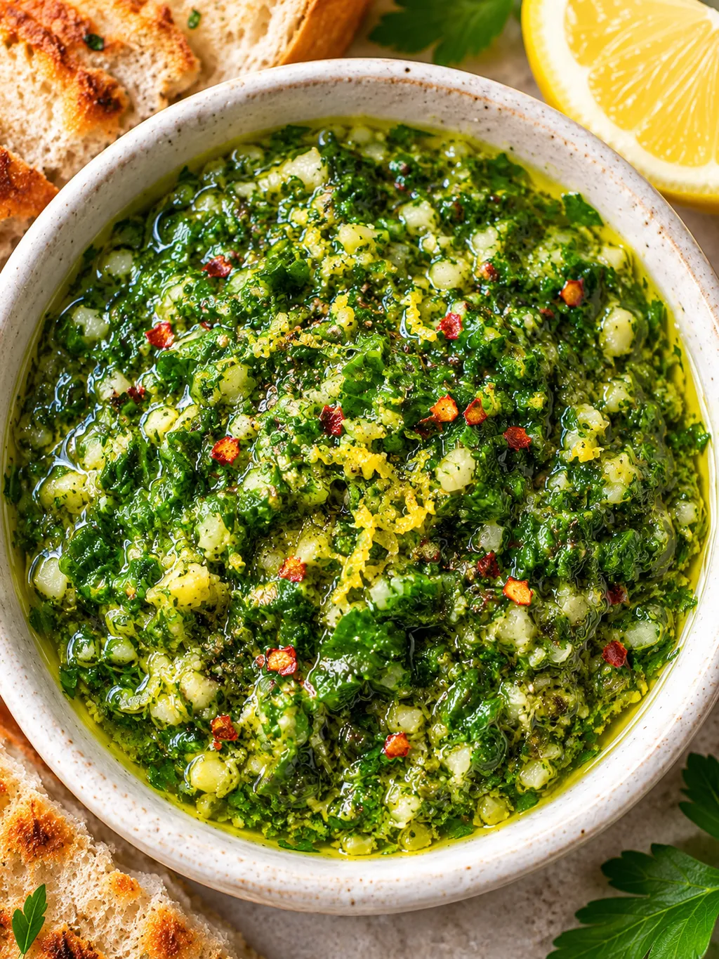 Grüne Knoblauch-Zitronen-Kräuter-Paste mit Brot und Zitronenspalte
