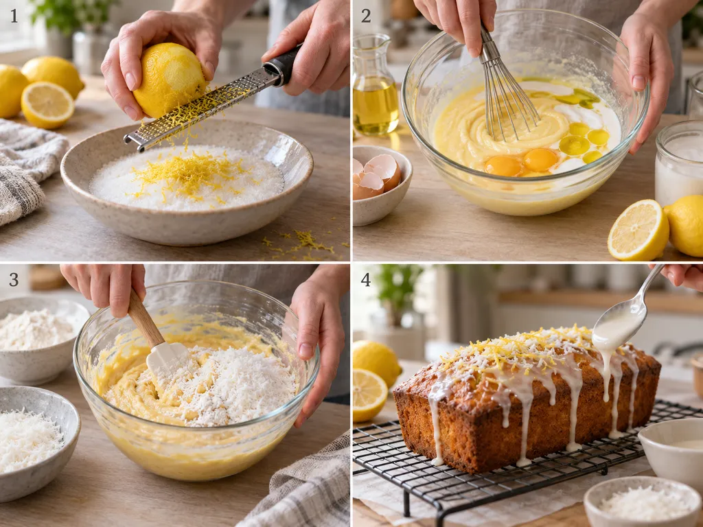 Vier Backschritte für Kokos-Zitronen-Kuchen vom Teig bis zur Glasur
