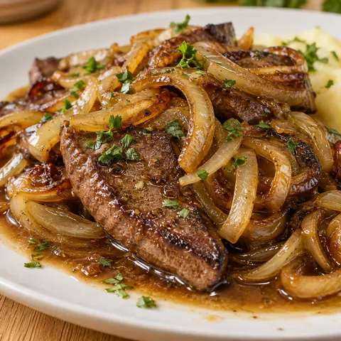 Leber mit Zwiebeln, Petersilie und brauner Sauce auf weißem Teller