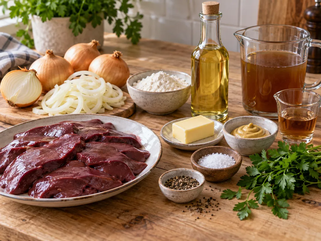 Zutaten für Leber mit Zwiebeln mit roher Leber, Zwiebeln und Butter