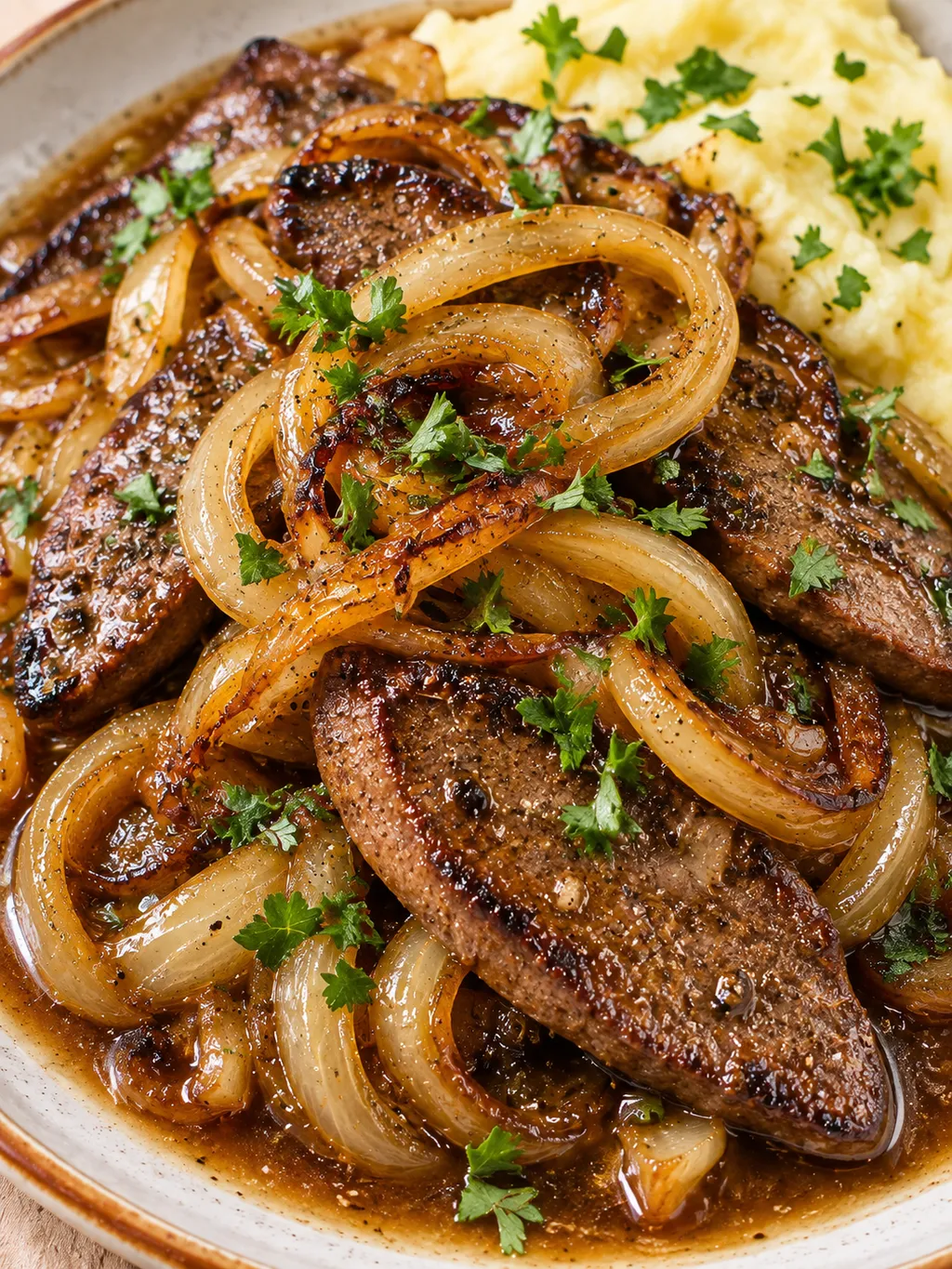 Leber mit Zwiebeln und glänzender Sauce füllt einen Teller