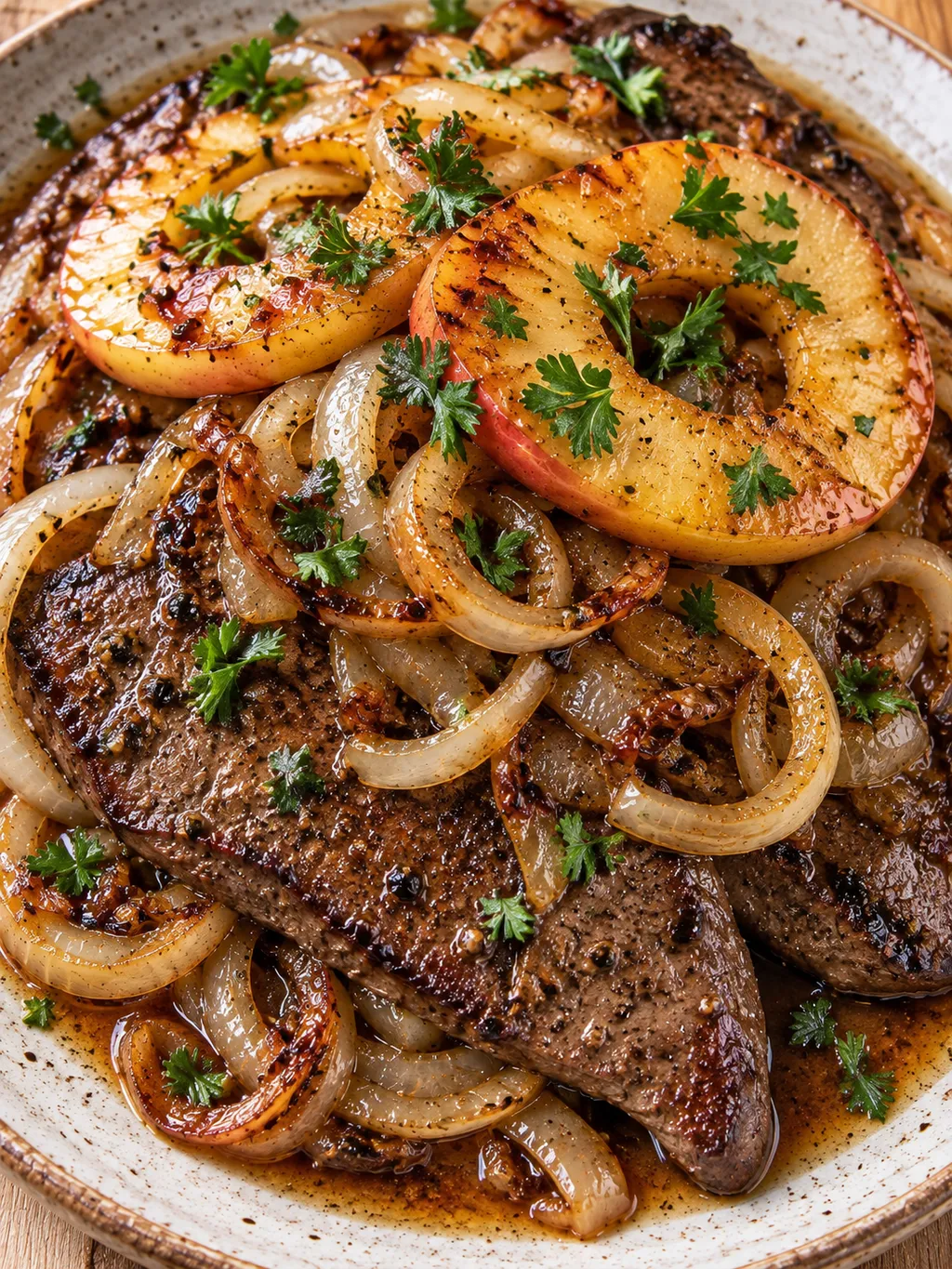 Leber und Zwiebeln mit goldenen Apfelringen und Pfannensauce