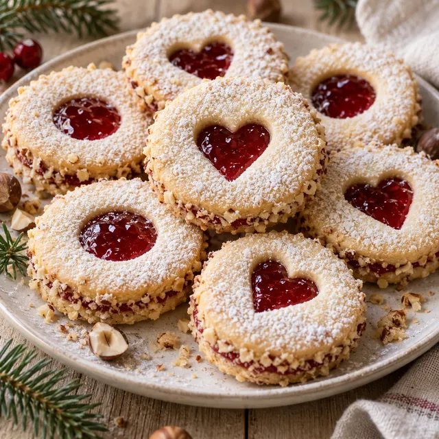 Linzer-Kekse mit Puderzucker und rotem Gelee auf einem Teller