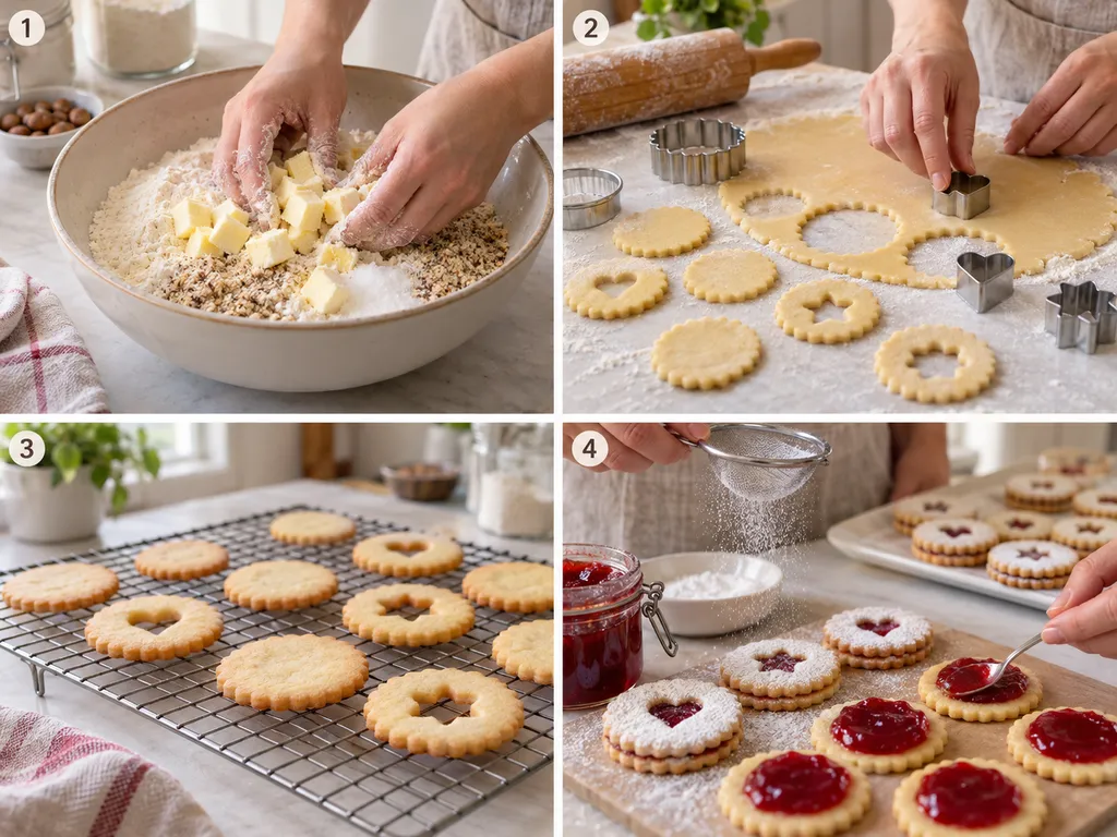 Vier Schritte beim Backen und Füllen von Linzer-Keksen
