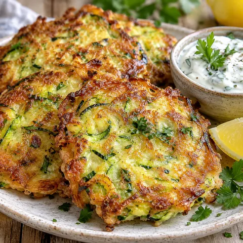 Zucchini-Käse-Puffer ohne Mehl mit Kräuterquark und Zitrone