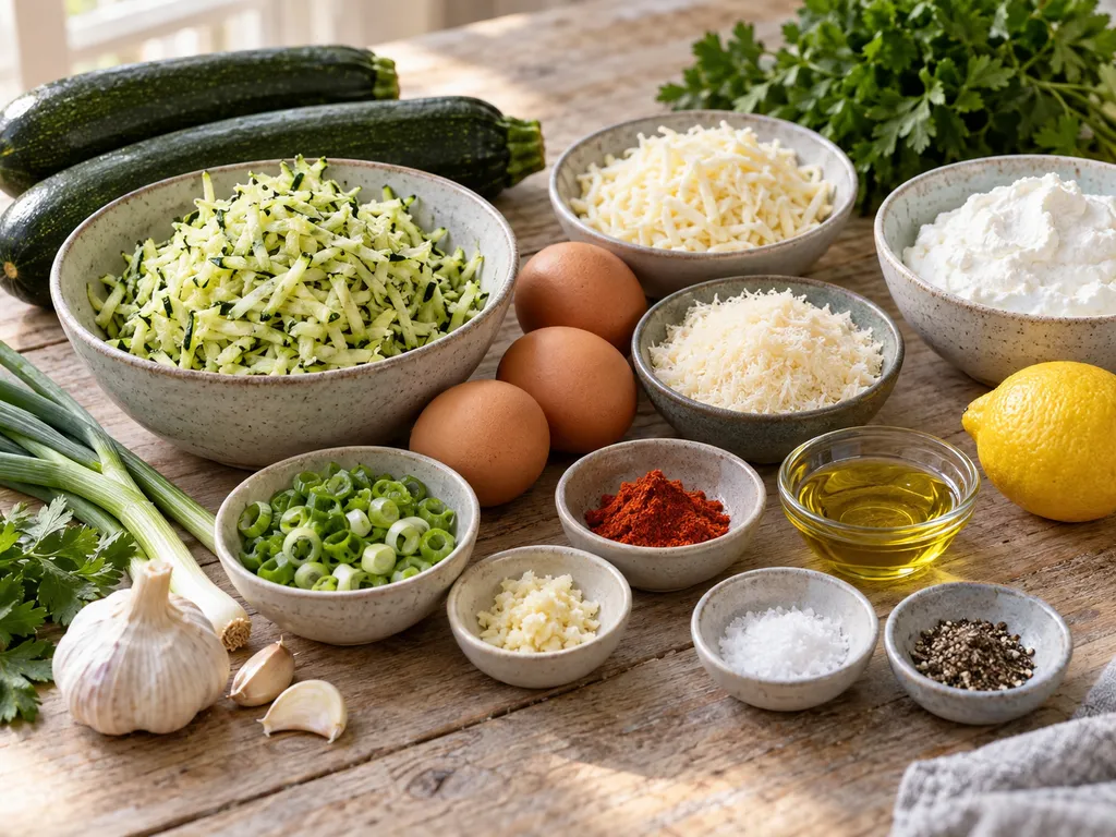 Zutaten für Zucchini-Käse-Puffer ohne Mehl auf heller Holzfläche