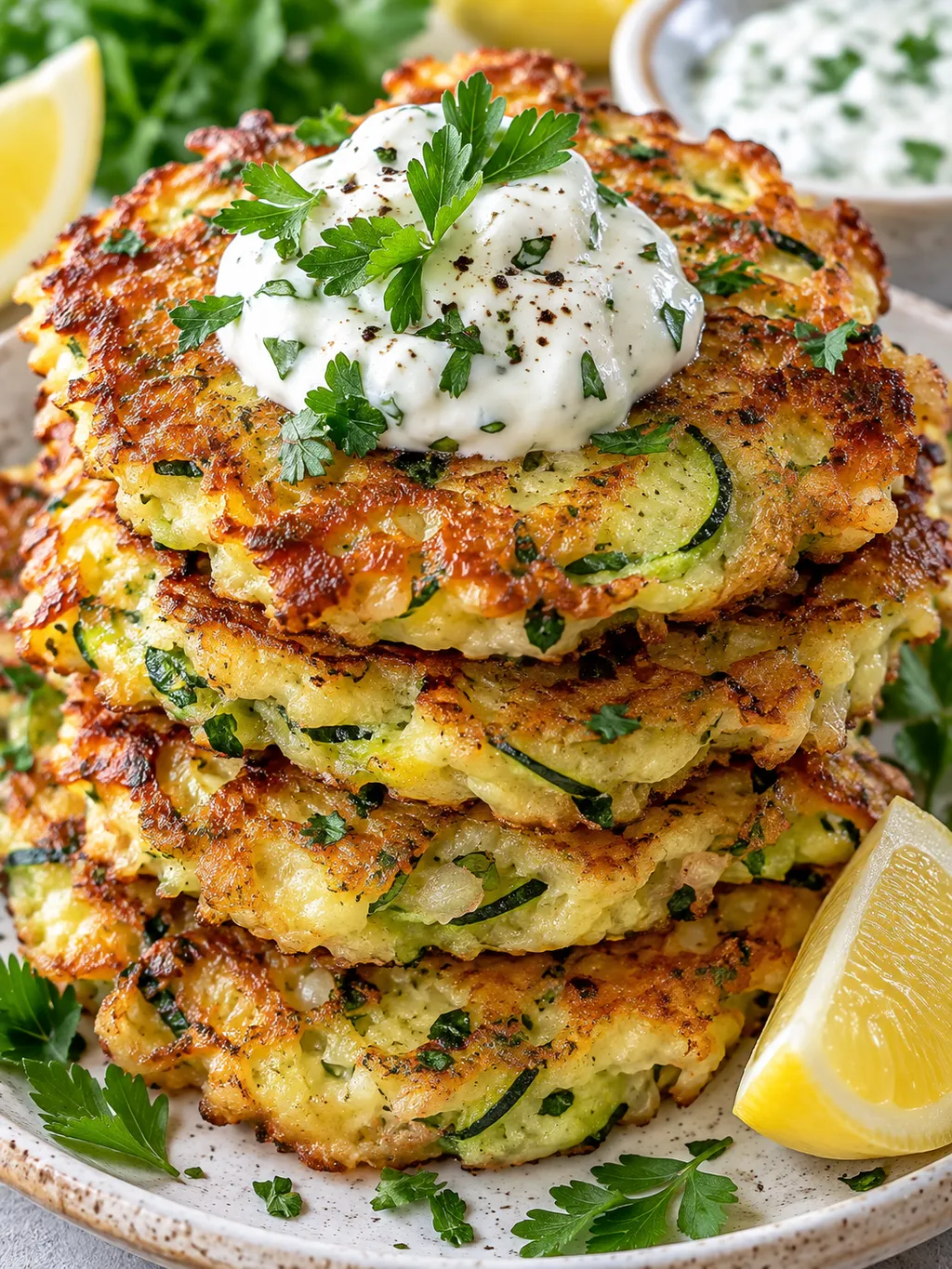 Gestapelte Zucchini-Käse-Puffer ohne Mehl mit Kräuterquark