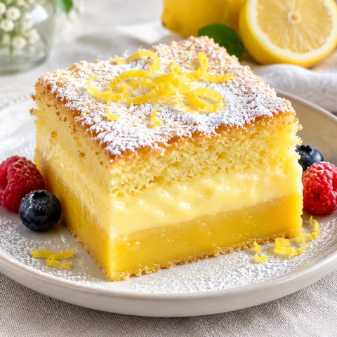 Zitronenkuchen mit drei Schichten und Puderzucker auf hellem Teller