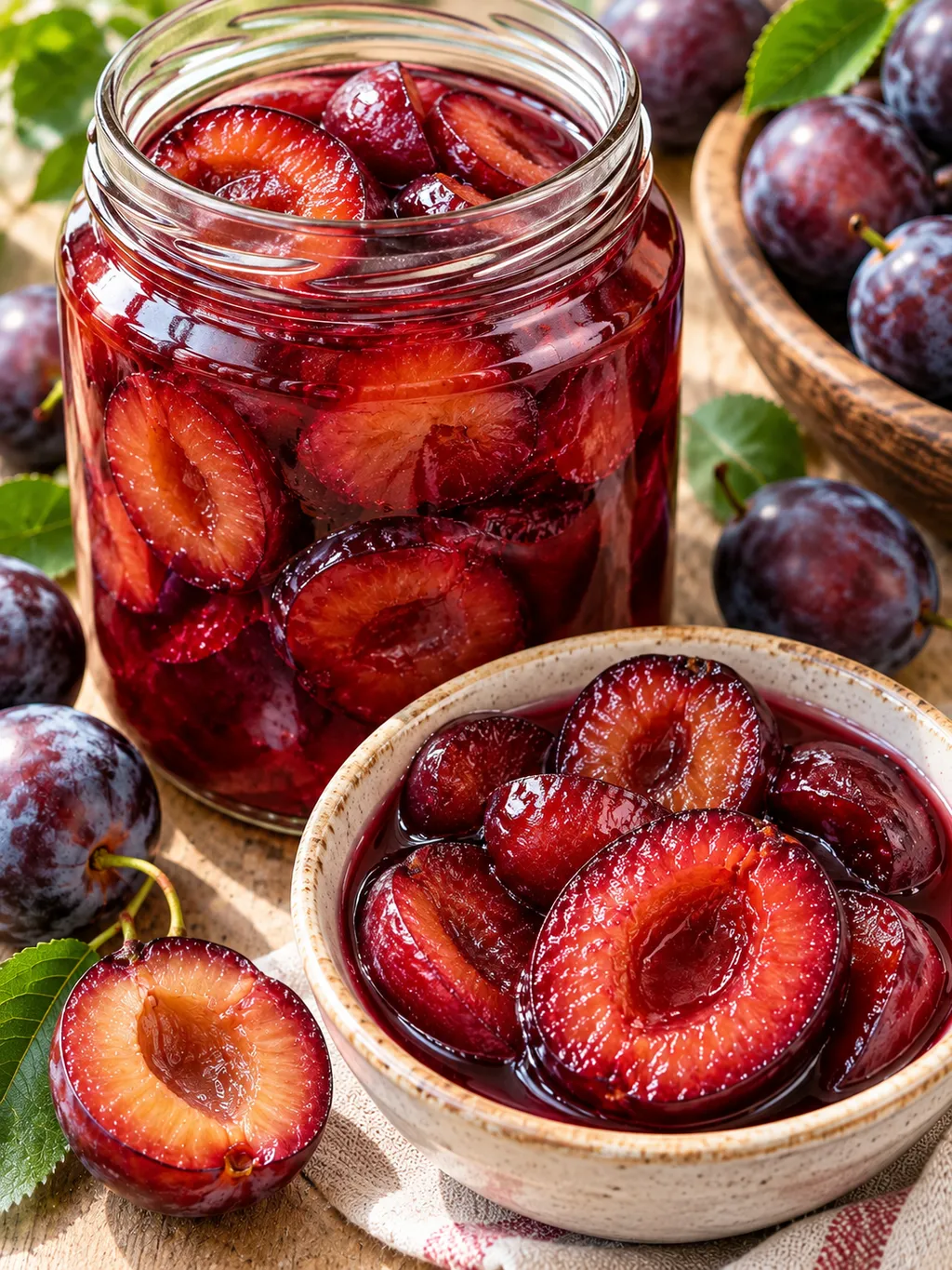 Glas und Schale mit eingekochten Pflaumen im eigenen Saft