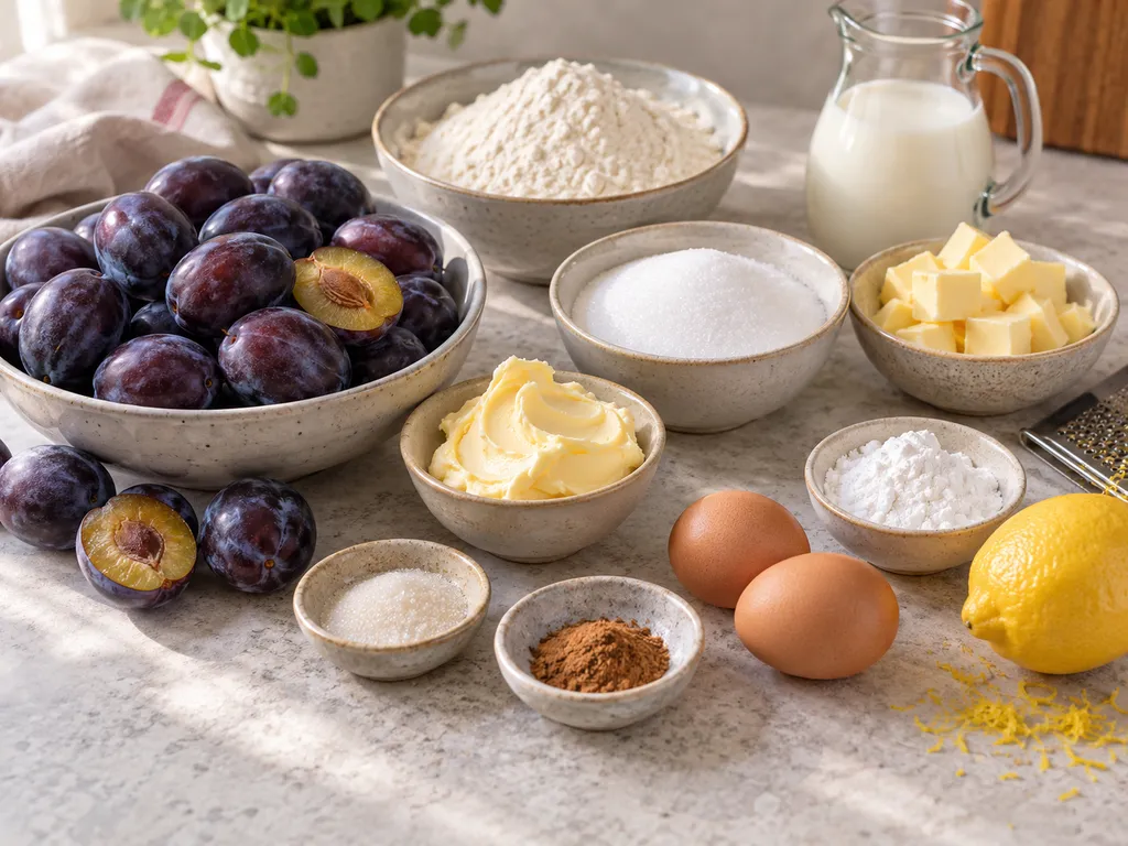 Zutaten für Pflaumenkuchen mit Zwetschgen, Butter, Mehl, Eiern und Zimt