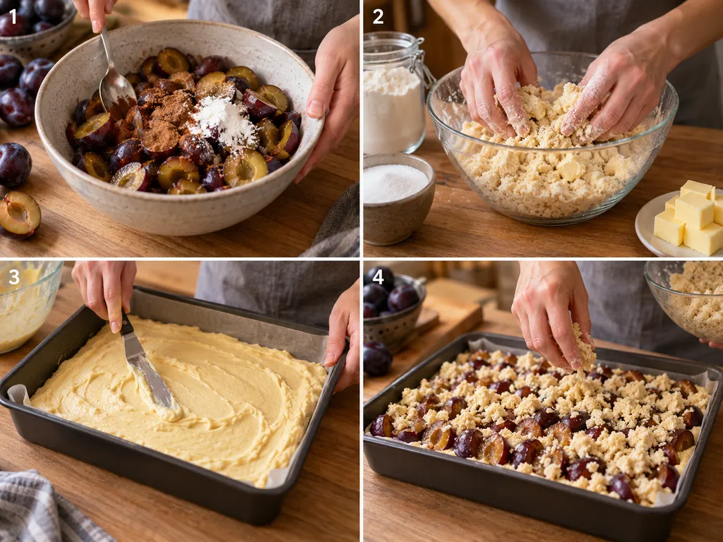 Vier Schritte für Pflaumenkuchen mit Streuseln vom Obst bis zur Backform