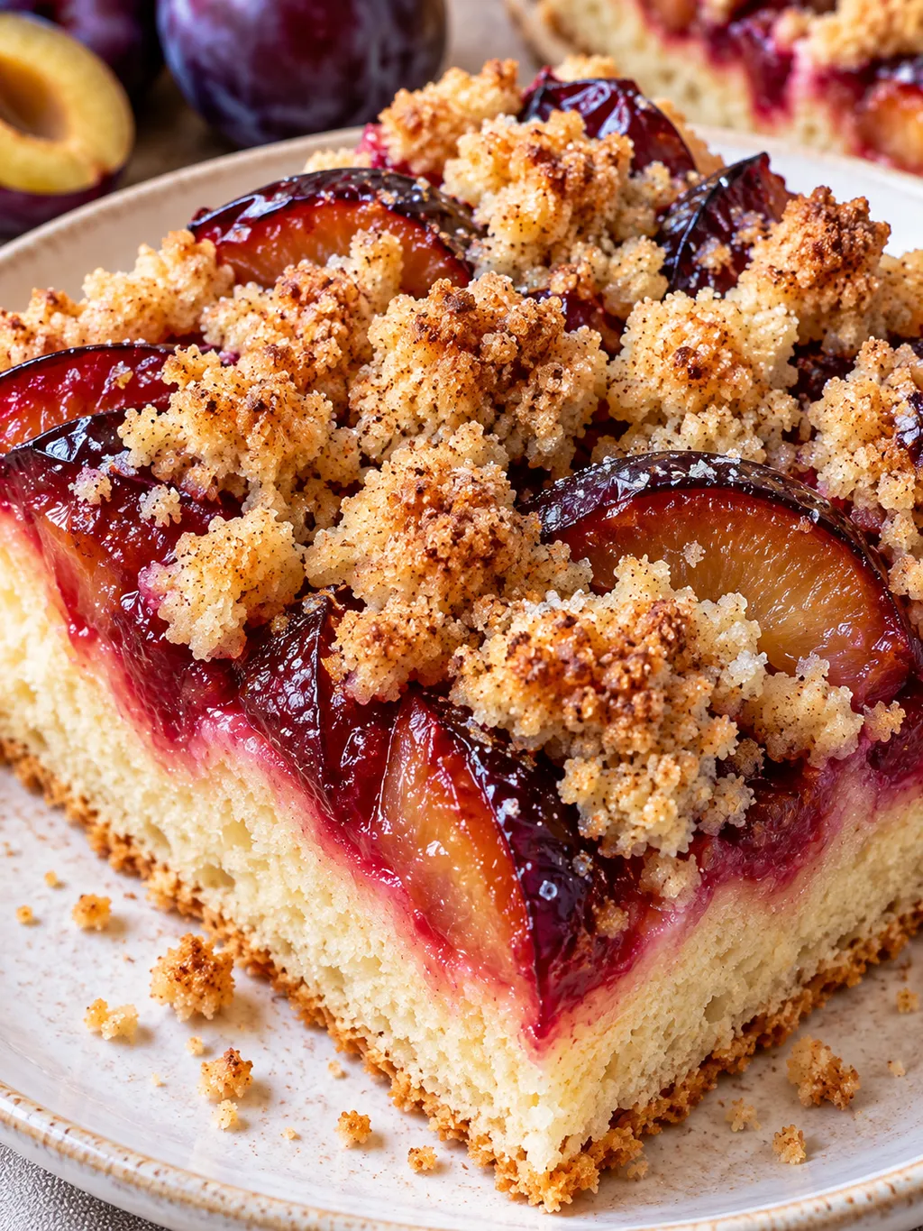 Saftiges Stück Pflaumenkuchen mit Zwetschgen und Zimtstreuseln