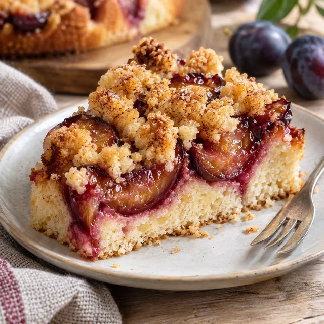 Pflaumenkuchen mit Zwetschgen und goldenen Zimtstreuseln