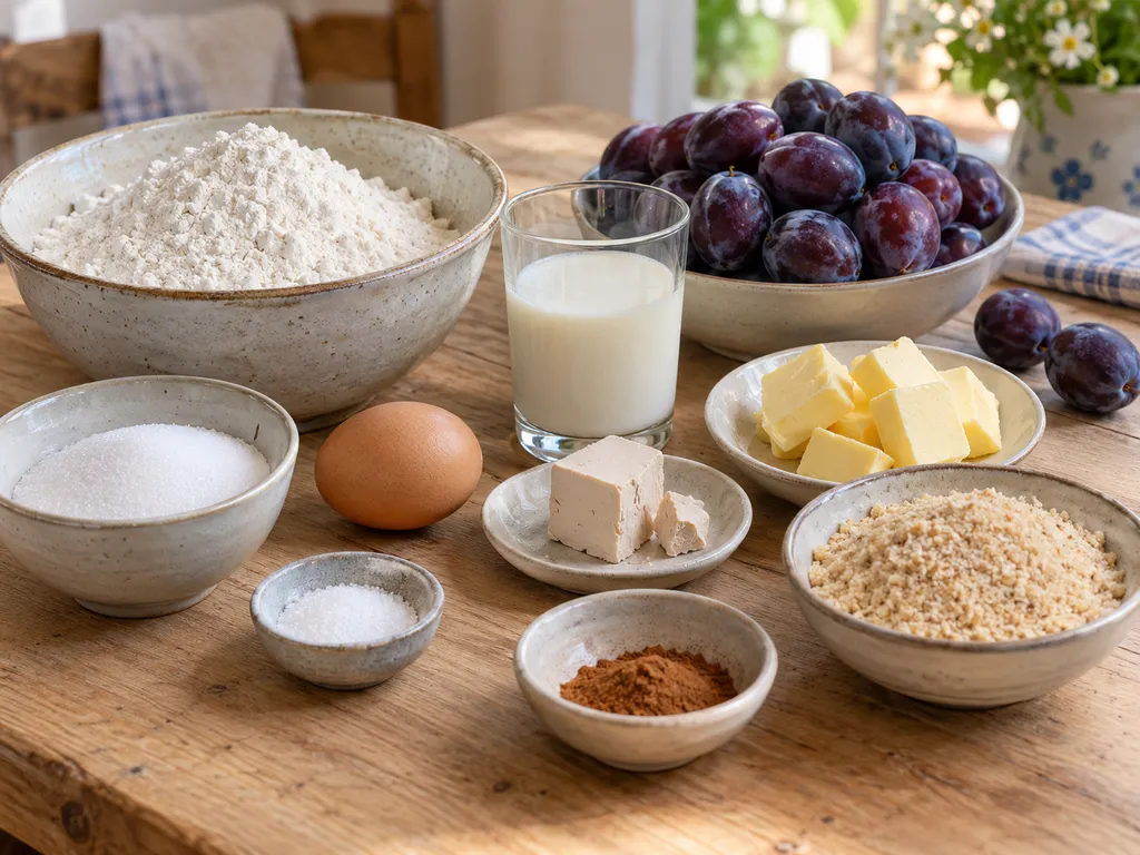 Zutaten für Pflaumenkuchen mit Zwetschgen, Mehl, Butter und Zimt